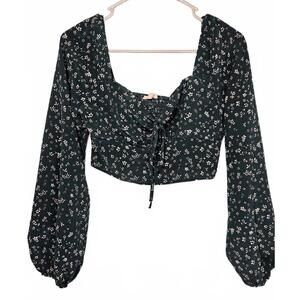 LA Hearts Women's Emerald Green Long‎ Sleeve Floral Crop Top Size Medium